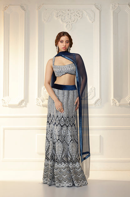 Navy Velvet Slim Embellished Skirt Set