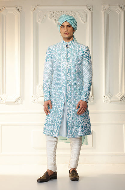 Ice Blue & Ivory Threadwork Sherwani Set