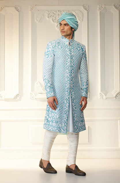 Ice Blue & Ivory Threadwork Sherwani Set