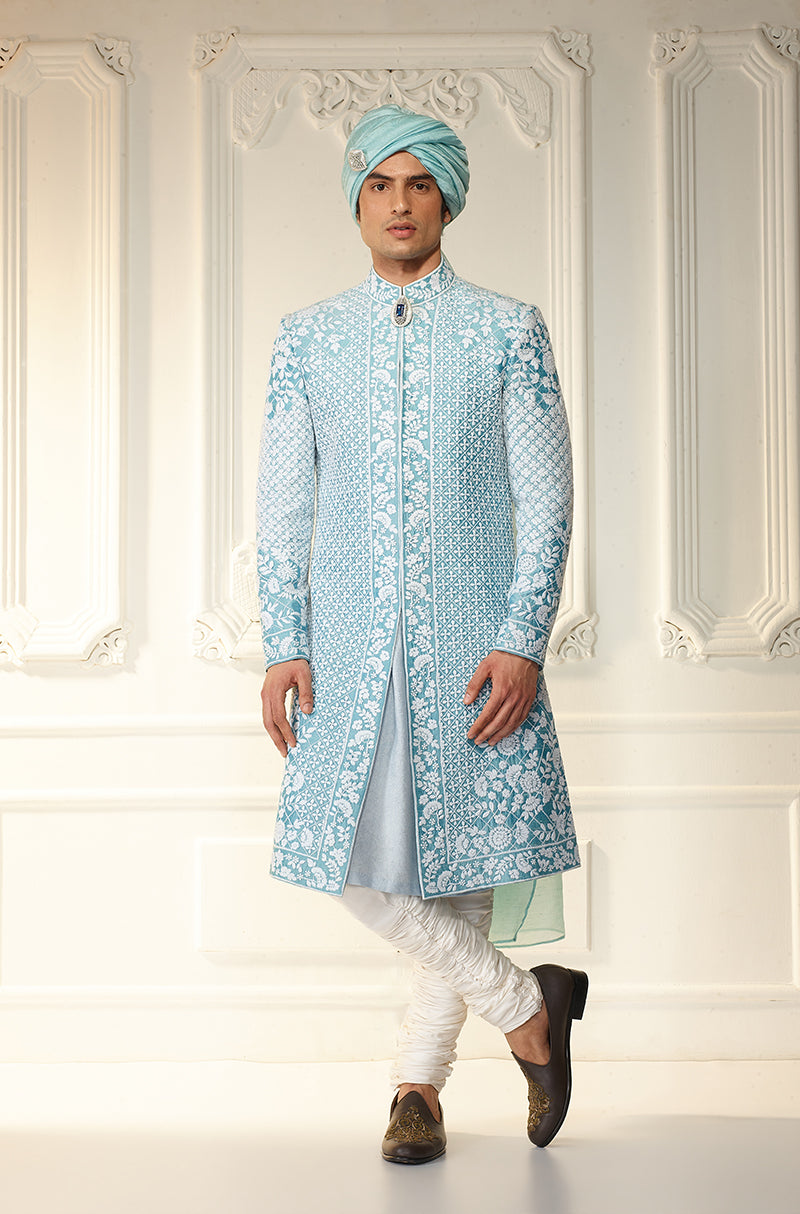 Ice Blue & Ivory Threadwork Sherwani Set