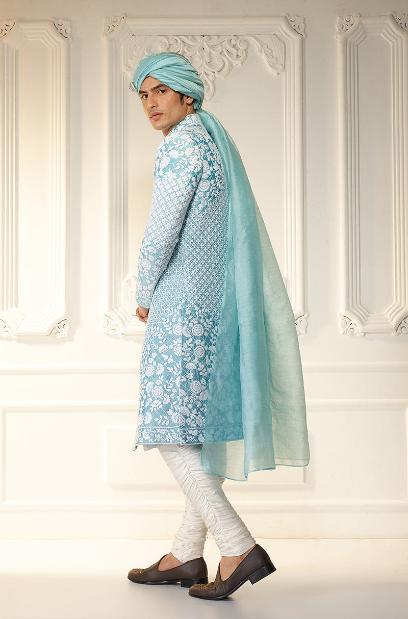 Ice Blue & Ivory Threadwork Sherwani Set