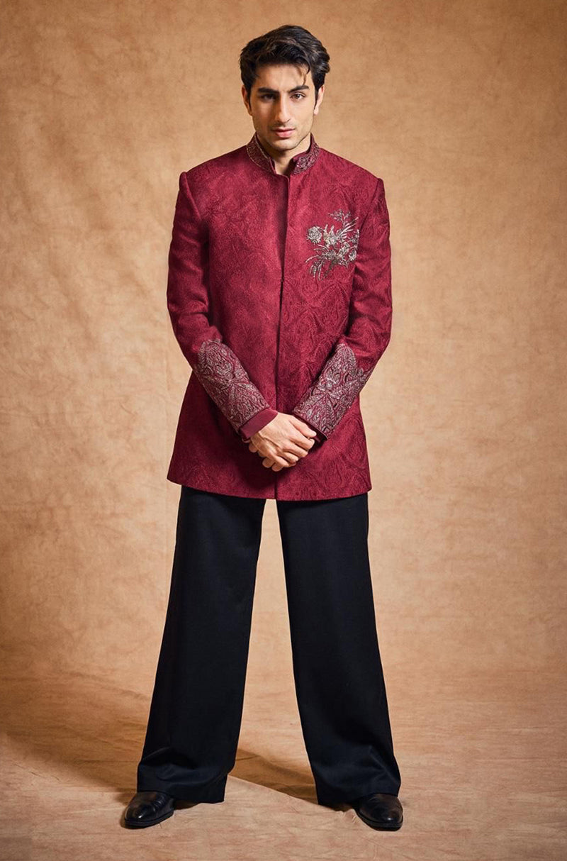 Ibrahim Ali Khan in our Wine Texture Embroidered Sherwani Set
