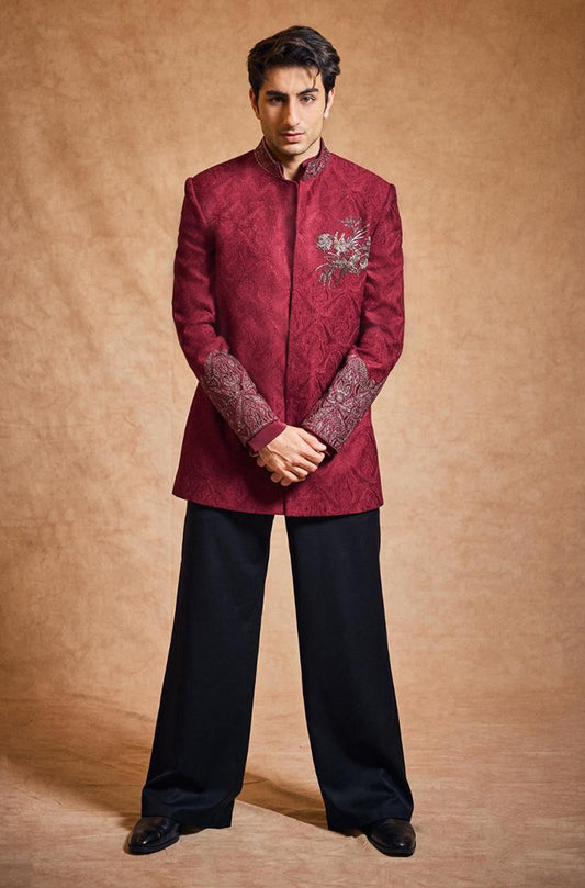 Ibrahim Ali Khan in our Wine Texture Embroidered Sherwani Set