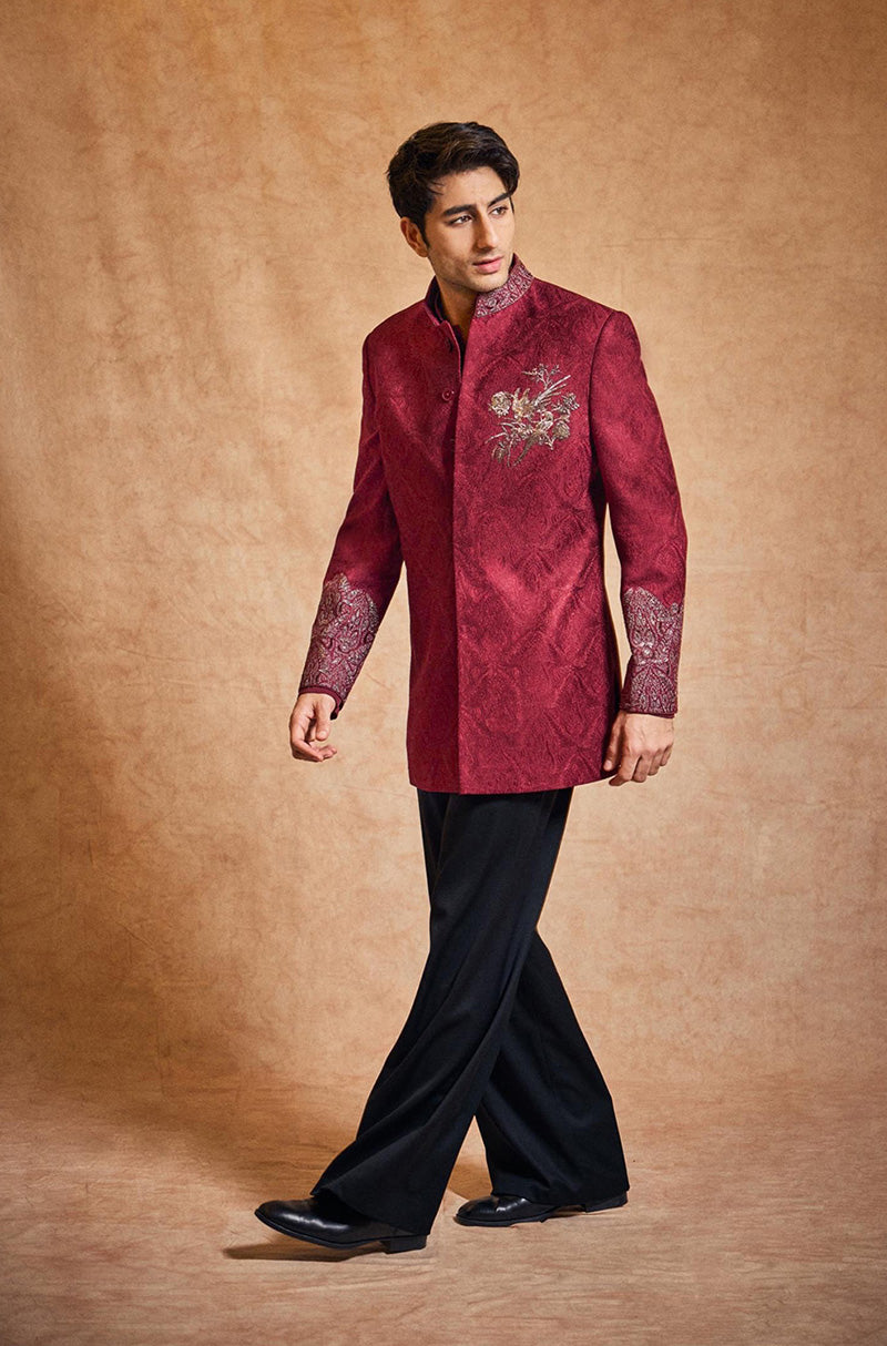 Ibrahim Ali Khan in our Wine Texture Embroidered Sherwani Set
