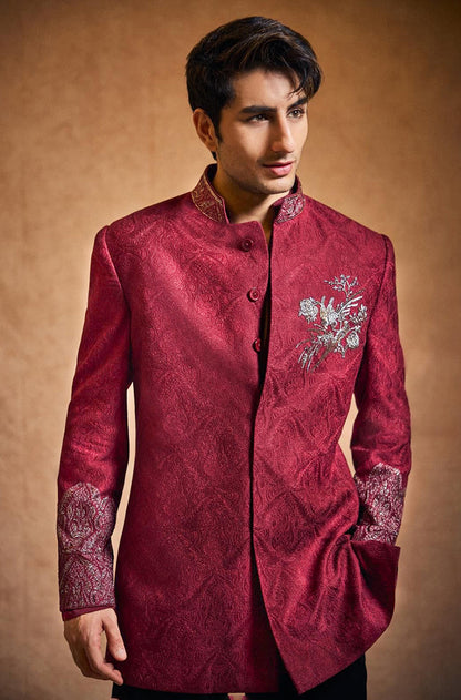 Ibrahim Ali Khan in our Wine Texture Embroidered Sherwani Set