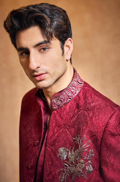 Ibrahim Ali Khan in our Wine Texture Embroidered Sherwani Set