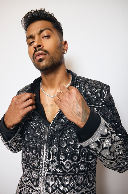 Hardik Pandya in our Black to Silver OmbrÃ© Embroidered Sherwani Set