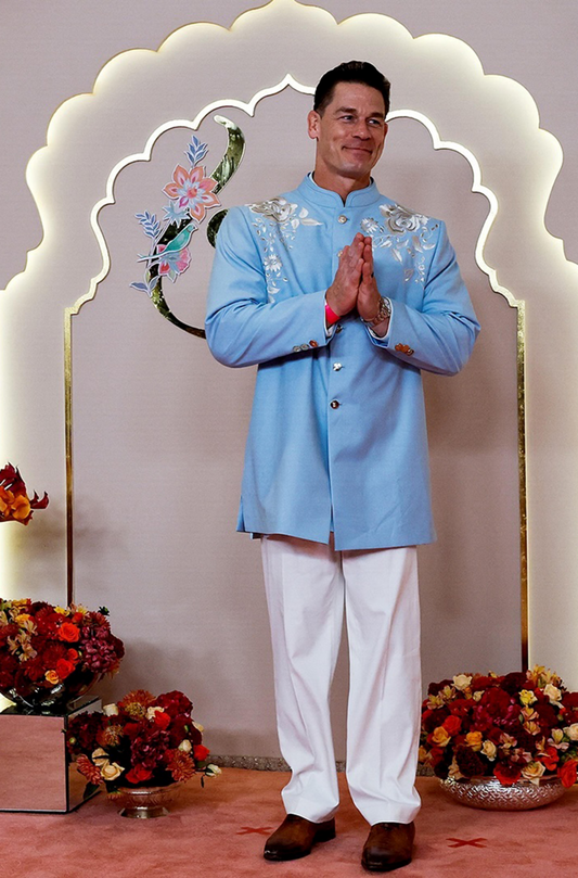 John Cena in our Powder Blue Floral Embroidered Short Sherwani Set