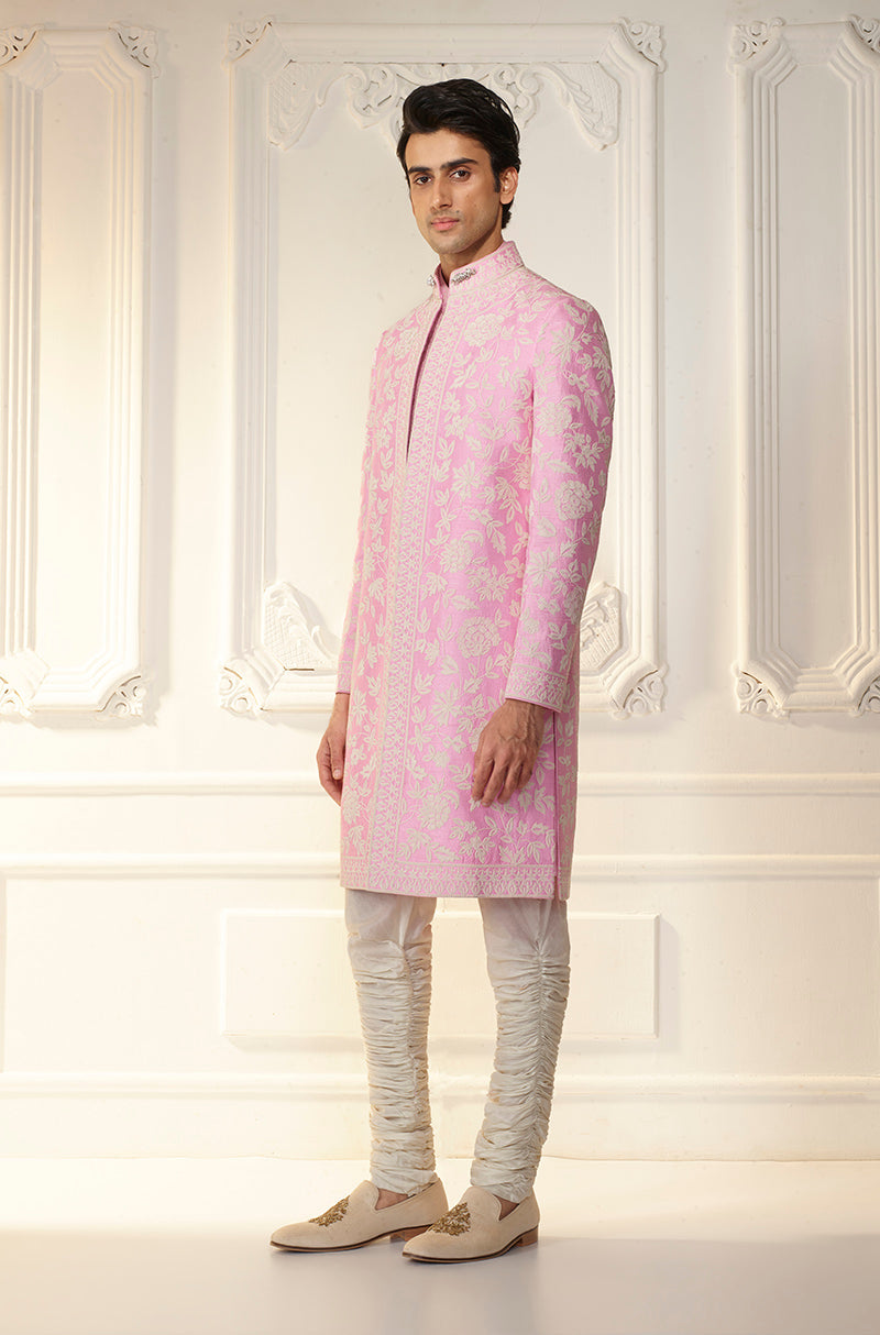 Pink & Ivory Embroidered Sherwani Set
