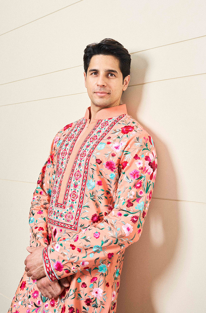 Sidharth Malhotra in our Peach Floral Resham Embroidered Kurta Set
