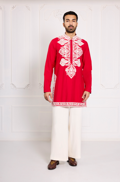 Red with Ivory Dori Embroidered Kurta Set