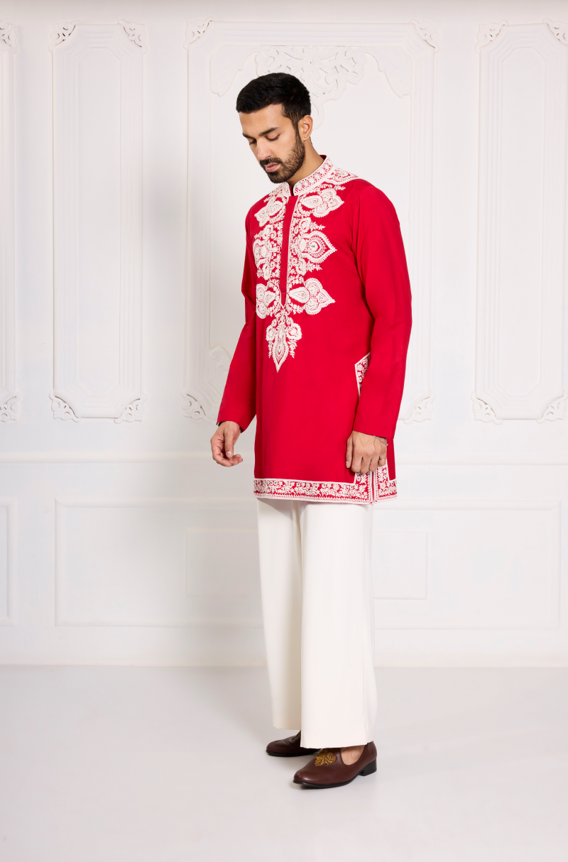 Red with Ivory Dori Embroidered Kurta Set