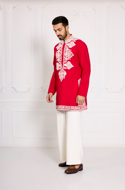 Red with Ivory Dori Embroidered Kurta Set