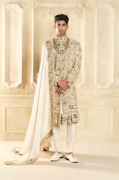 Ivory Silk Embroidered Sherwani Set