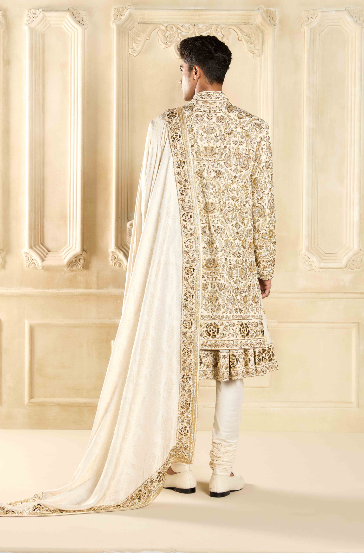 Ivory Silk Embroidered Sherwani Set
