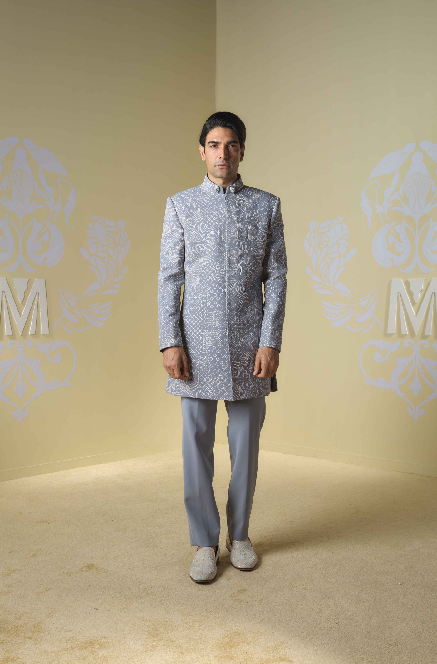 Grey Embroidered Sherwani Set