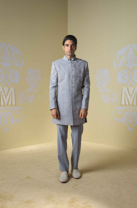 Grey Embroidered Sherwani Set