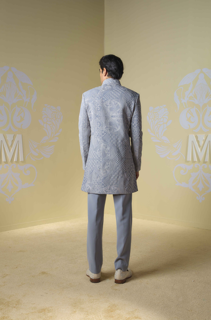 Grey Embroidered Sherwani Set