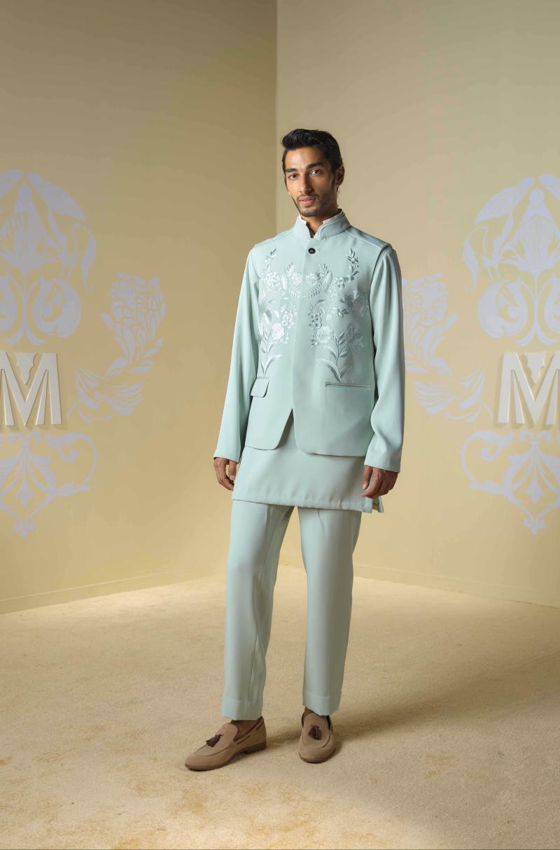 Sage Green Floral Embroidered Bundi Set