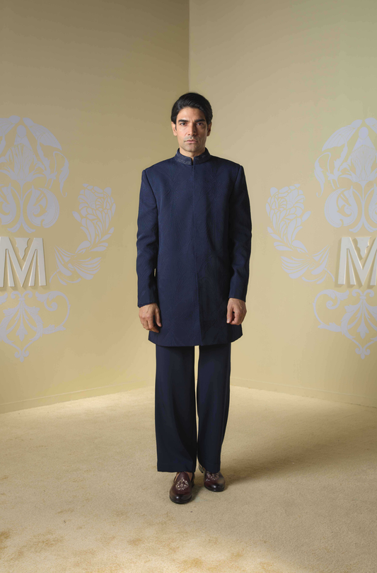 Navy Blue Embroidered Sherwani Set