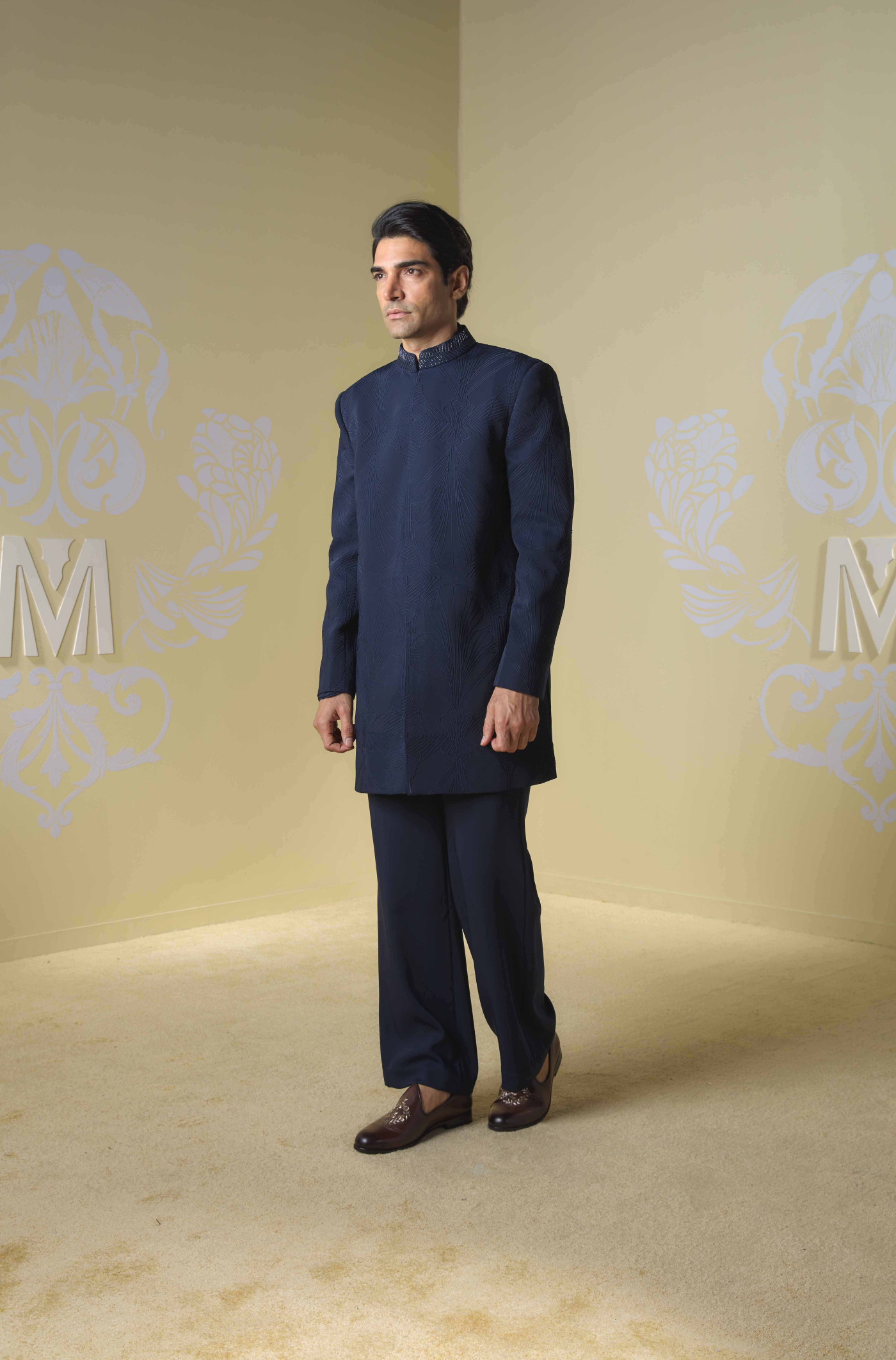 Navy Blue Embroidered Sherwani Set