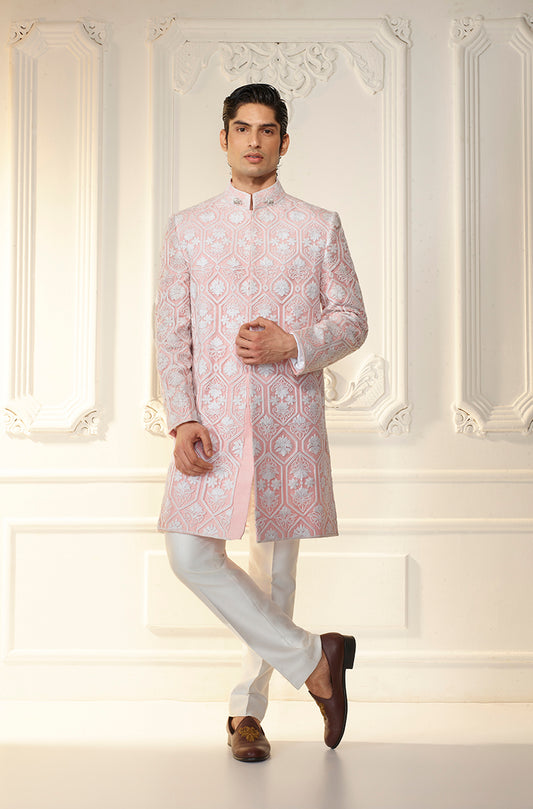 Modern Pink With Ivory Thread Work Sherwani Set