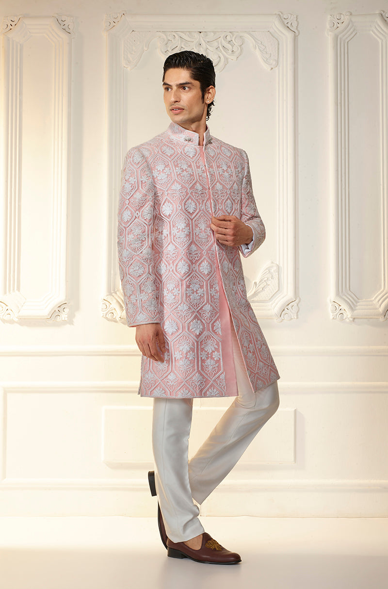 Modern Pink With Ivory Thread Work Sherwani Set