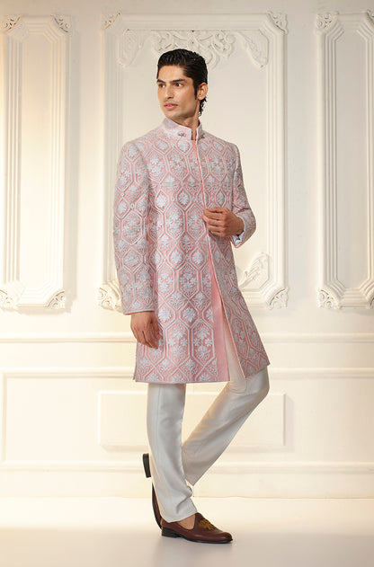 Modern Pink With Ivory Thread Work Sherwani Set