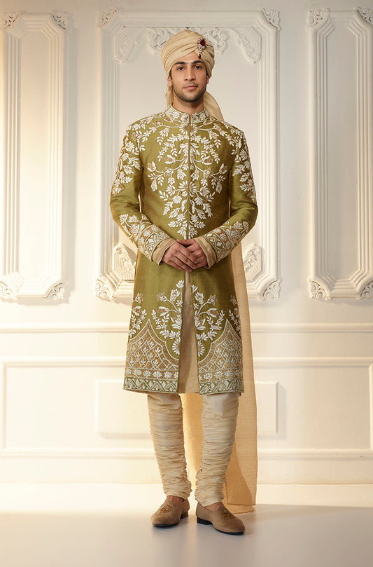 Olive Green Raw Silk Embroidered Sherwani Set