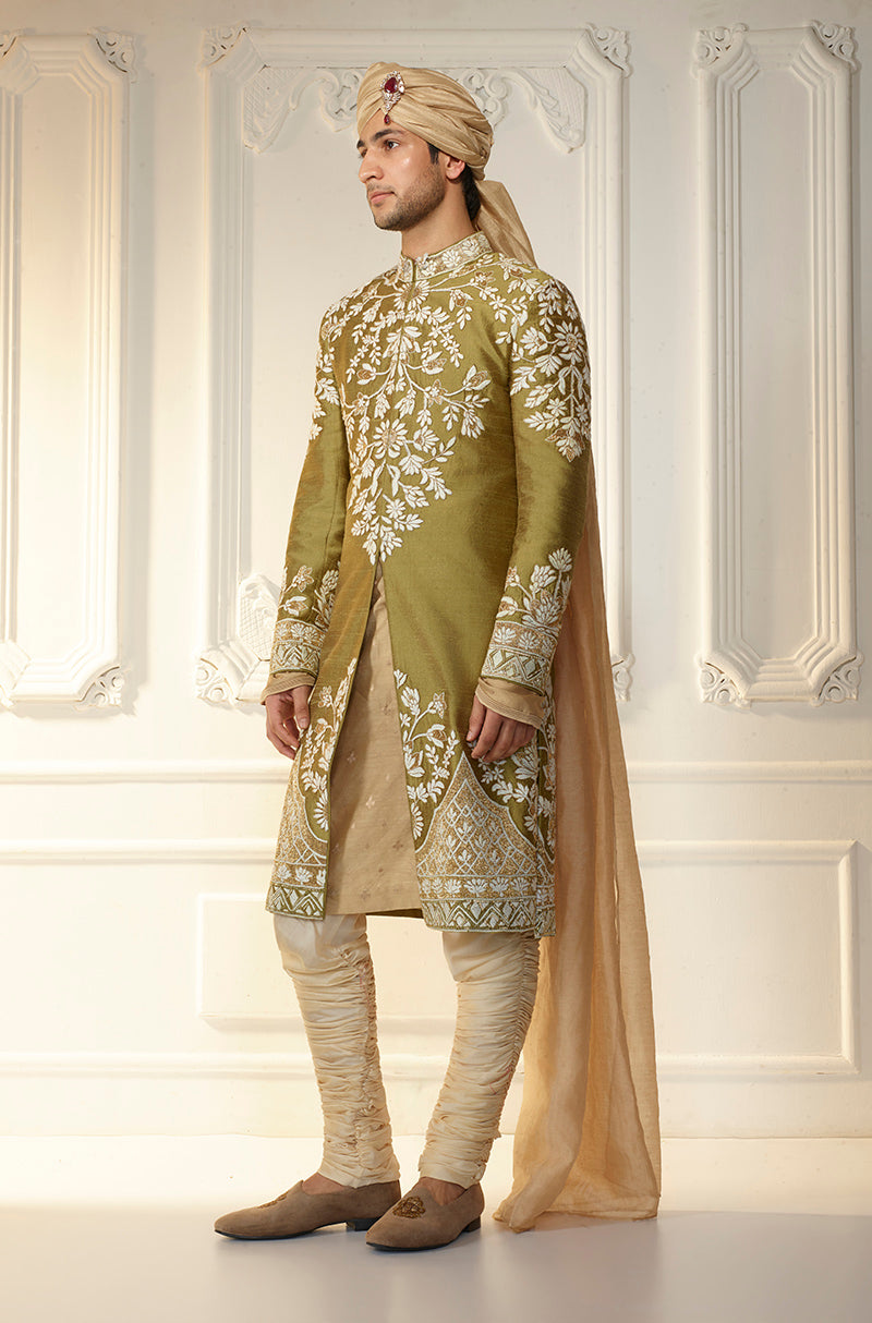 Olive Green Raw Silk Embroidered Sherwani Set