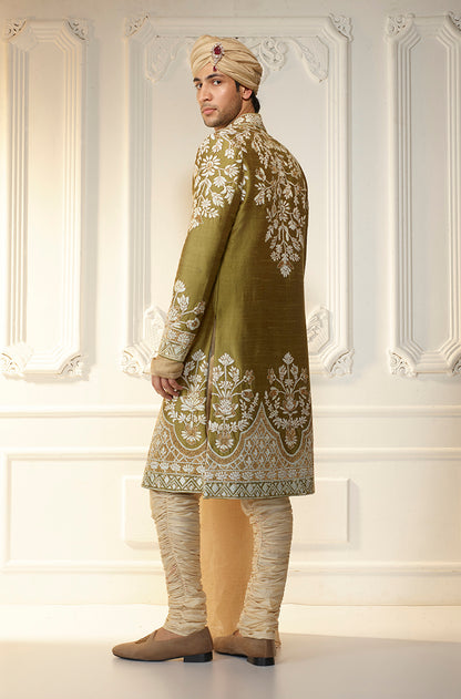 Olive Green Raw Silk Embroidered Sherwani Set