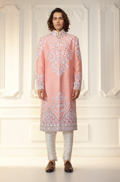 Coral Raw Silk Embroidered Sherwani Set