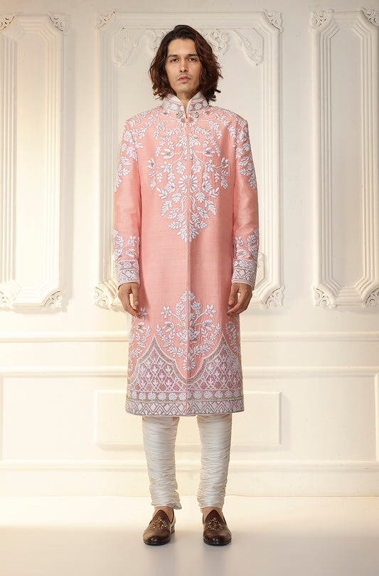 Coral Raw Silk Embroidered Sherwani Set