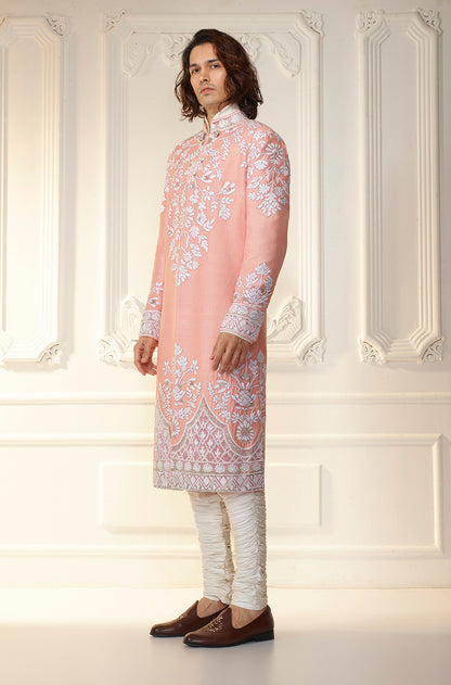 Coral Raw Silk Embroidered Sherwani Set