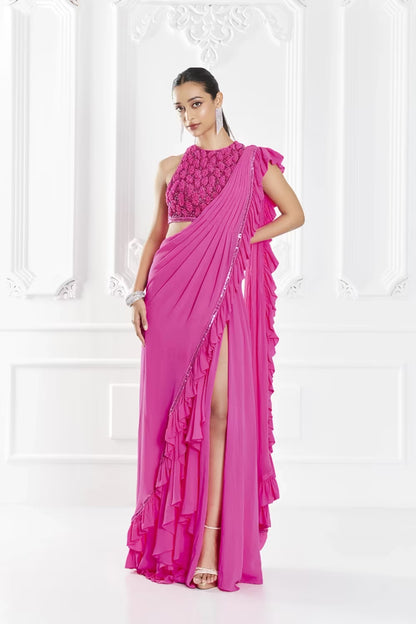 Fuchsia Pink Stitched Ruffle Saree Set