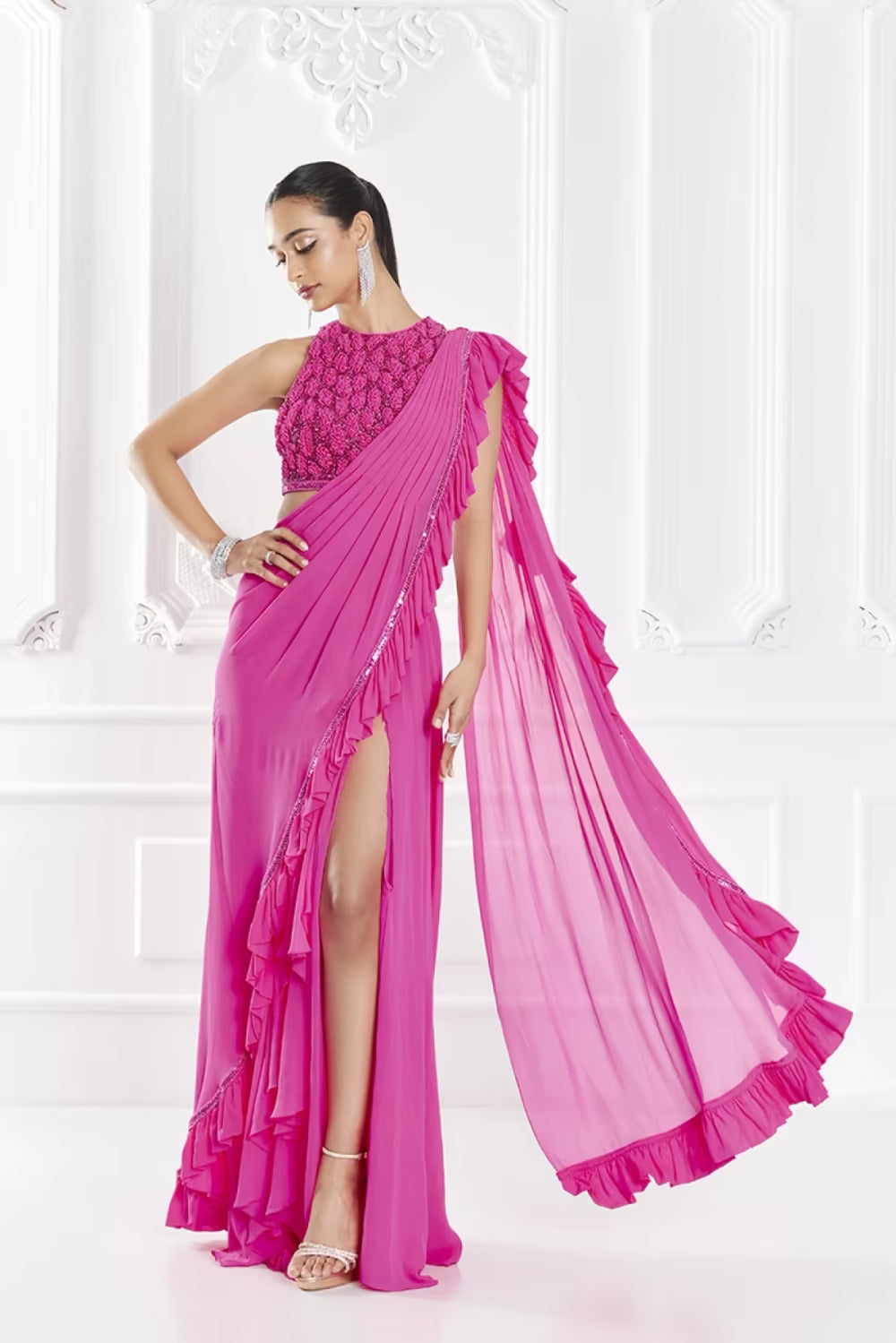 Fuchsia Pink Stitched Ruffle Saree Set
