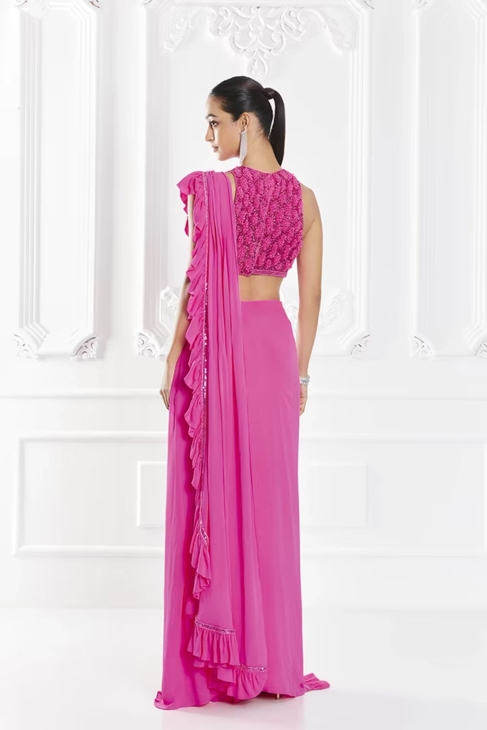 Fuchsia Pink Stitched Ruffle Saree Set