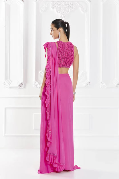 Fuchsia Pink Stitched Ruffle Saree Set