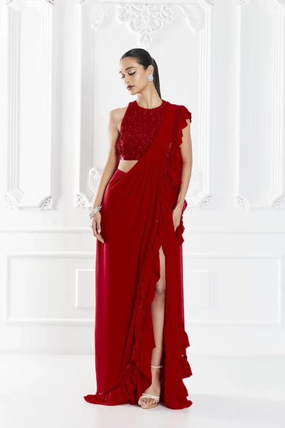 Red Stitched Ruffle Saree Set