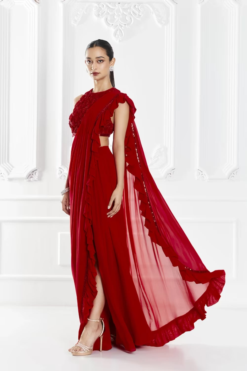 Red Stitched Ruffle Saree Set