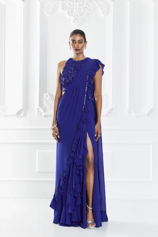 Electric Blue Stitched Ruffle Saree Set