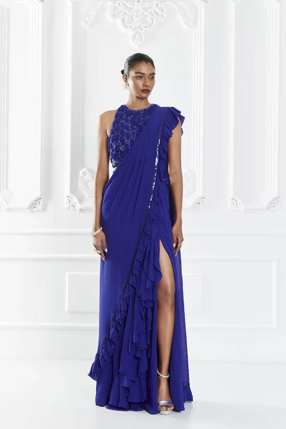 Electric Blue Stitched Ruffle Saree Set