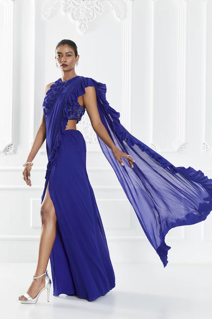 Electric Blue Stitched Ruffle Saree Set