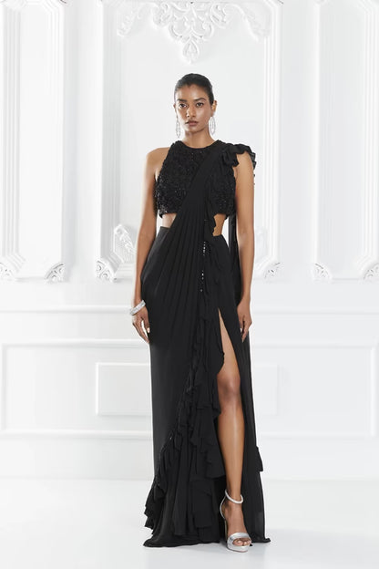 Black Stitched Ruffle Saree Set