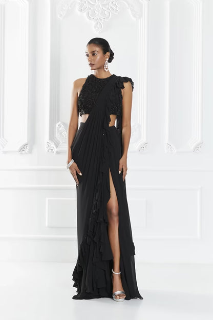 Black Stitched Ruffle Saree Set