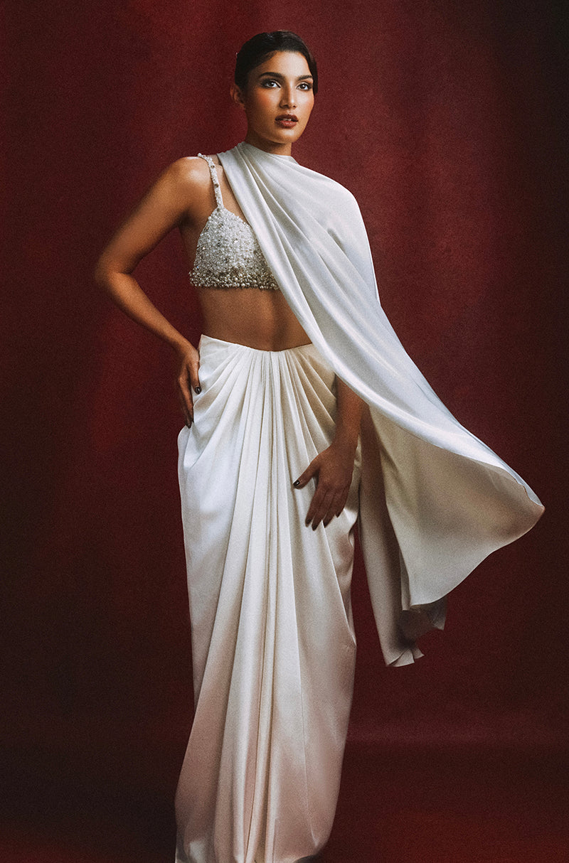 Alizeh in our Ivory Stitched Saree Set