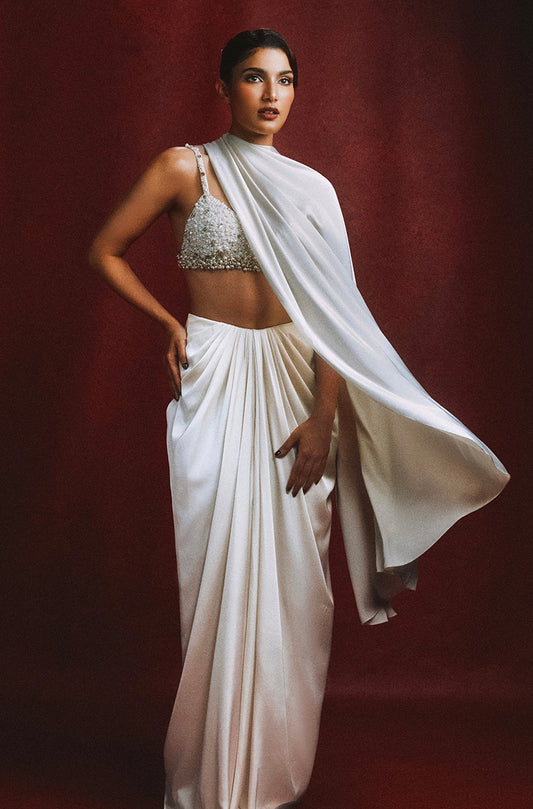 Alizeh in our Ivory Stitched Saree Set