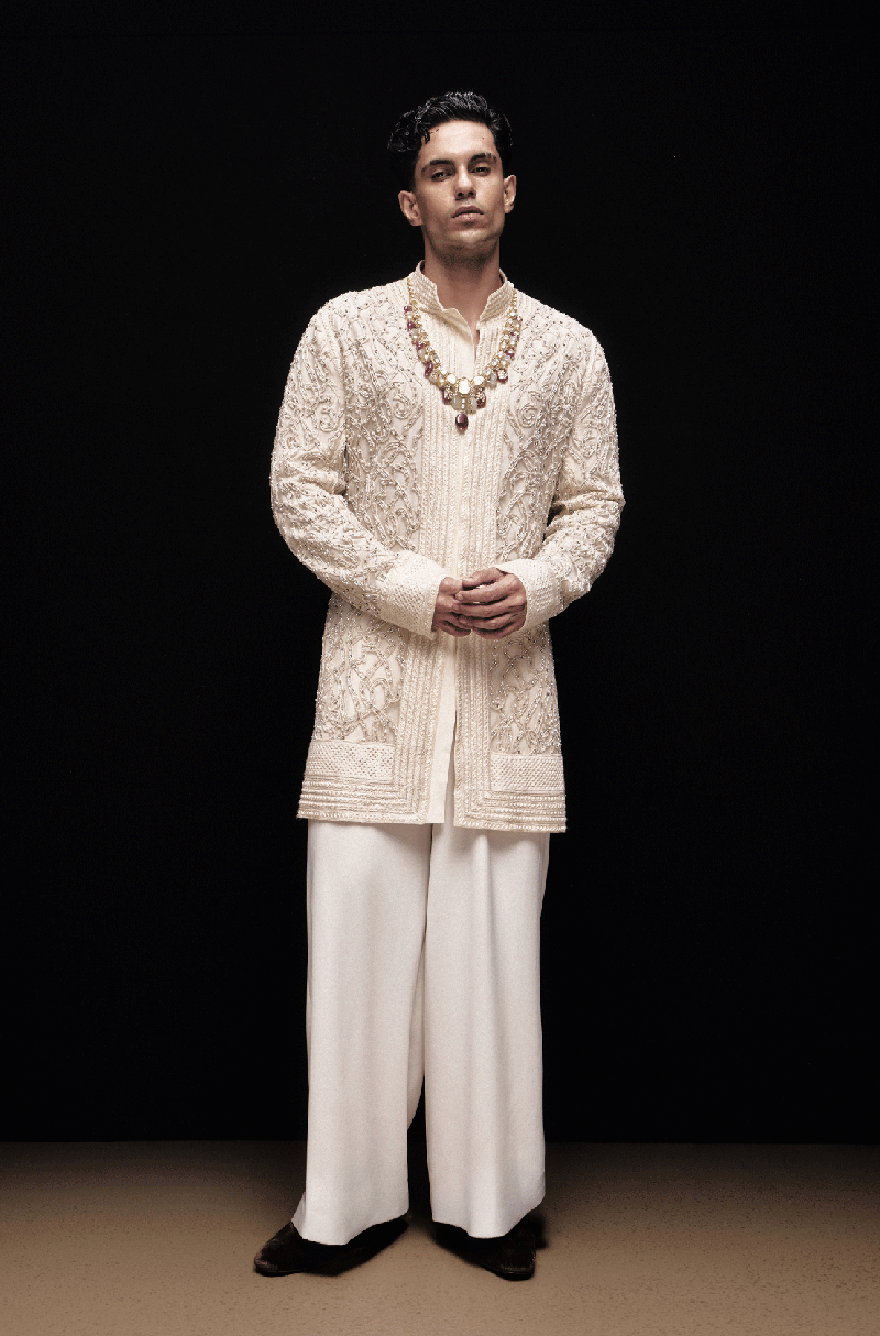 Ivory Embroidered Front Open Kurta Set