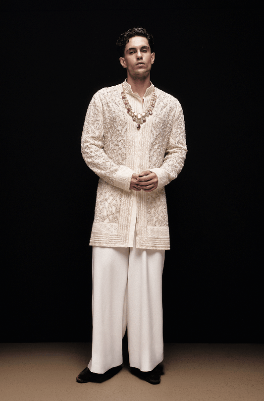 Ivory Embroidered Front Open Kurta Set