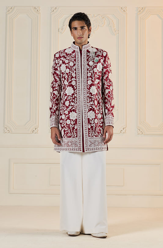 Maroon On White Embroidered Sherwani Set